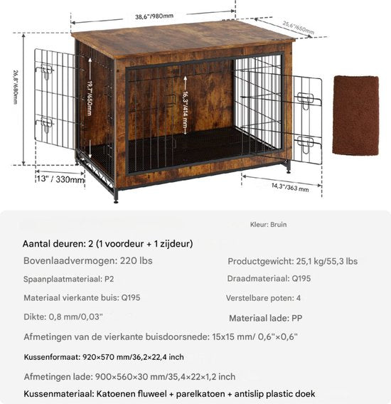 Luxe honden bench - Meubelkennel - Stalen frame - 2-Deurs - Inclusief kussen