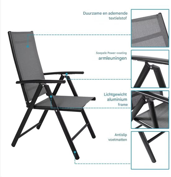 Tuinset Tavien met tuinstoelen - Tuintafel - 4 persoons - Balkonset - 5-delige tuinmeubelen - Aluminium - Zwart - Klapstoelen