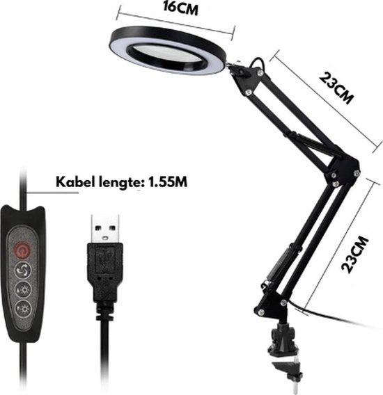 Happyment Loeplamp met Led verlichting - 5X Vergroot - Vergrootglas met lamp - Bureaulamp - 10 dioptrie - Zwart