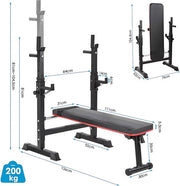 Multifunctionele Halterbank - Fitnessnank - Bench press - Bankdrukbank - Trainingsbank met Hulterrek, Opvouwbaar, Platte Bank en Squatrek - Tot 200 kg Capaciteit