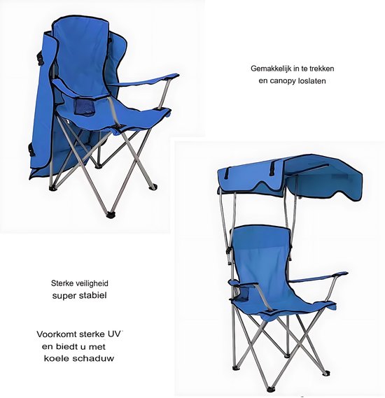 Opvouwbare campingstoel - Met luifel - Strandstoel - Vissen - Met bekerhouder, luifel en draagtas