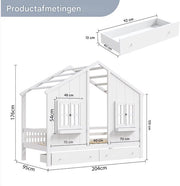 Kinderbed 90x200 cm - Met 2 lades - Huisbed - Voor Kinderen - Peuterbed - Met lattenbodem - Zonder matras