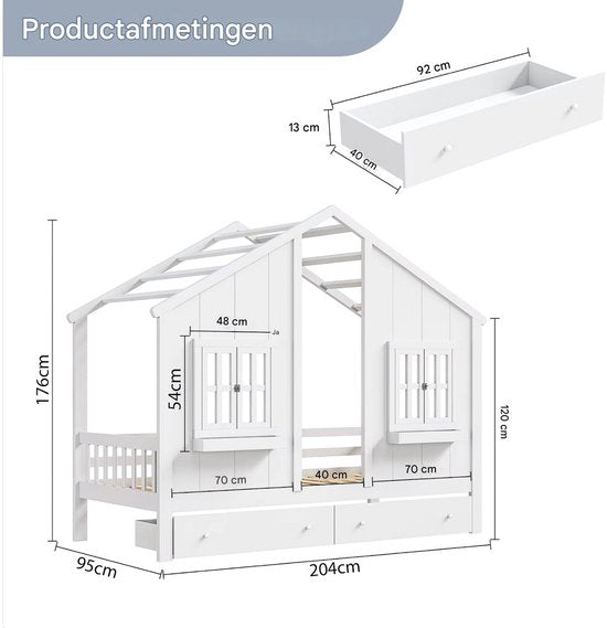 Kinderbed 90x200 cm - Met 2 lades - Huisbed - Voor Kinderen - Peuterbed - Met lattenbodem - Zonder matras