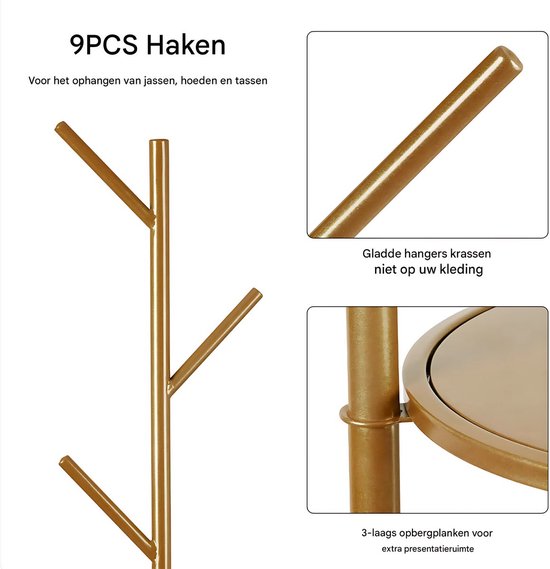 Kapstok Levino Tavien - Met gouden metaal - Voor Slaapkamer en kantoor - Staande kapstok - 2 lagen