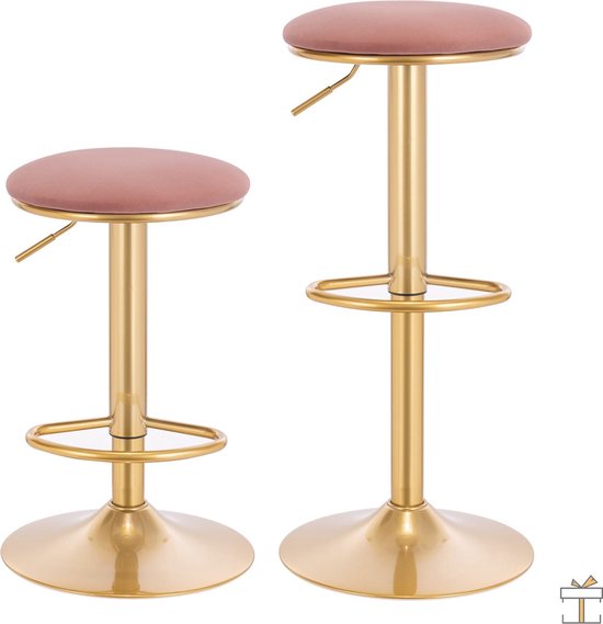 Luxe Barkruk - Velvet - Roze/goud - Zonder rugleuning - Verstelbaar - 38x(61-82)cm
