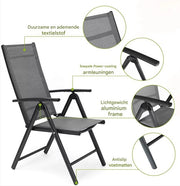 Tuinstoelen set van 2 - Verstelbare tuinstoel - Inklapbaar - Rugleuning - Thuis of camping - Aluminium - Belastbaar tot 120 kg - Grijs