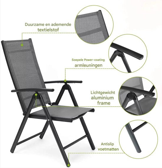 Tuinstoelen set van 2 - Verstelbare tuinstoel - Inklapbaar - Rugleuning - Thuis of camping - Aluminium - Belastbaar tot 120 kg - Grijs