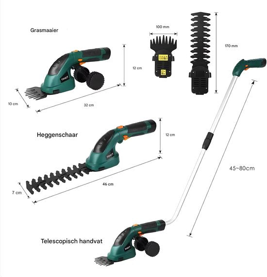 Elektrische heggenschaar - Met accu - 2 in 1 - Telescopische takkenschaar - Snoeischaar - Draadloos - Telescopisch - Steel - Groen