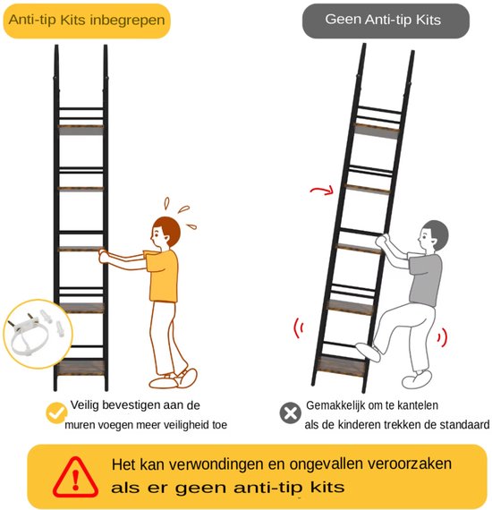 Boekenkast 5-Laags - Industrieel Wandrek met Gebogen Laddermodel - Zwart Metalen Frame & MDF Planken - Voor Woonkamer, Keuken of Kantoor