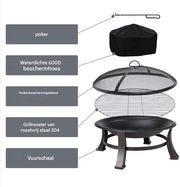 Vuurkorf open haard - 76cm - Voor buiten - Vuurschaal met vonkenschaar - BBQ Grill