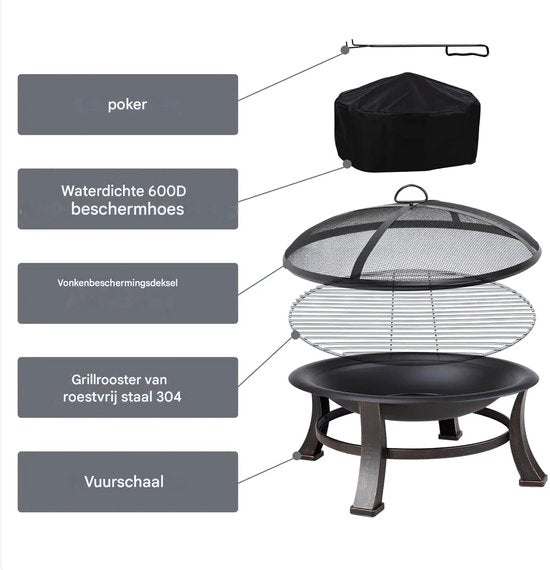 Vuurkorf open haard - 76cm - Voor buiten - Vuurschaal met vonkenschaar - BBQ Grill