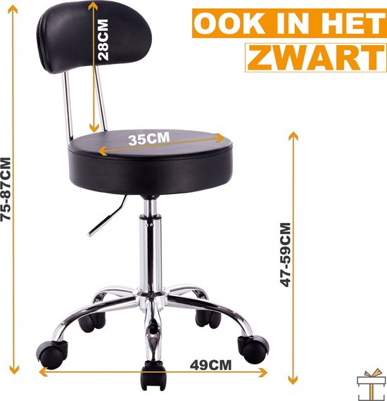 Ergonomische Kruk - Rugleuning - Op wielen - Zadelkruk - Bureaustoel - Creme