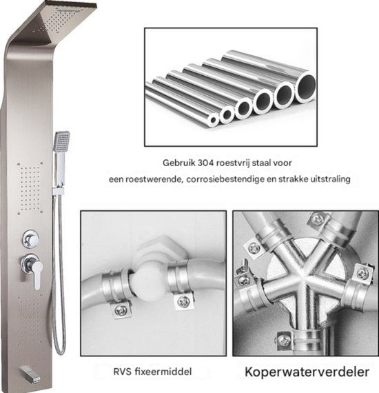 Luxe douchepaneel - Regendouche 5 in 1 - Met thermostaatkraan - RVS - Regenval & Massagestralen - Wandmontage