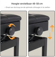 Pianobank XL - Met opbergruimte - Pianokruk - Pianostoel - In hoogte verstelbaar - Zwart