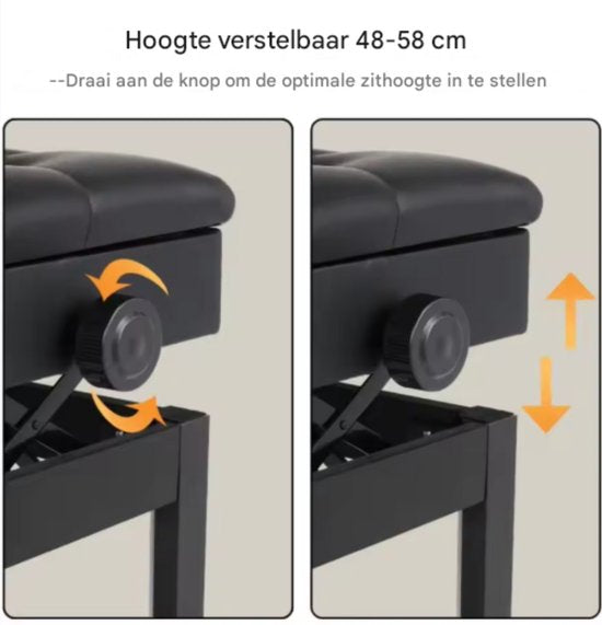 Pianobank zwart - Met opbergruimte - Pianokruk - Pianostoel - In hoogte verstelbaar