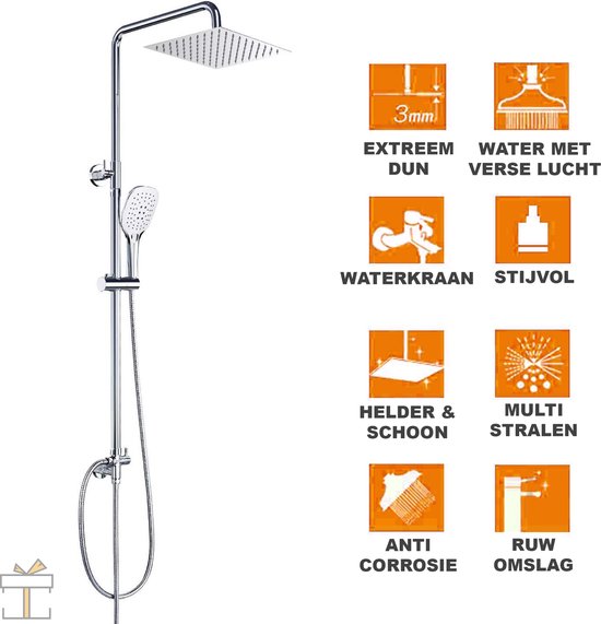 Happyment Douche - 3 standen - Regendouche & handdouche - Waterval - Massage straal - Doucheset met thermostaatkraan - Zilver - RVS