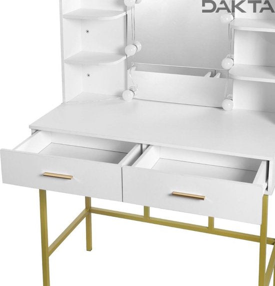 Bolt Edge Make-up Tafel - Wit/Goud - Inclusief spiegel met verlichting - 2 lades