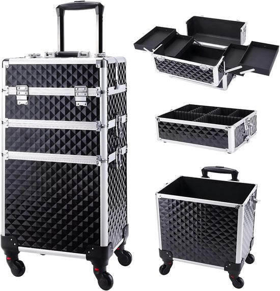 3-in-1 Rollende Make-up Trolley - Make up koffer - Kappers koffer - Beautycase - Voor Schoonheidssalons en visagie - Zwart