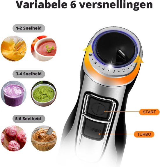 Happyment 4-in-1 Staafmixer Set - Hakmolen - Hand Blender - 6 snelheden - 1200W - Incl. Accessoires