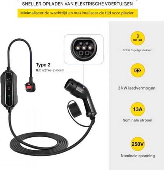 Mobiele Auto laadkabel PRO - 13A -Thuislader - Type2 - 10 meter kabel autolader - 3kW - Voor Elektrisch Voertuig