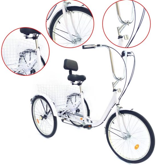 Driewieler Zyrell - Voor volwassenen - 6 versnellingen - Fiets voor senioren - 24 Inch - Met mand - Voorrem - Wit