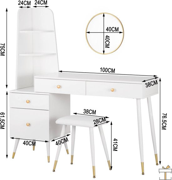 Happyment Kaptafel Diva - Inclusief spiegel en krukje - Wit - Kinderen & volwassenen - Make up tafel voor meisjes