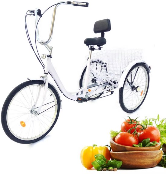 Driewieler voor volwassenen - 6 versnellingen - Fiets voor senioren - 24 Inch - Met mand - Voorrem - Wit