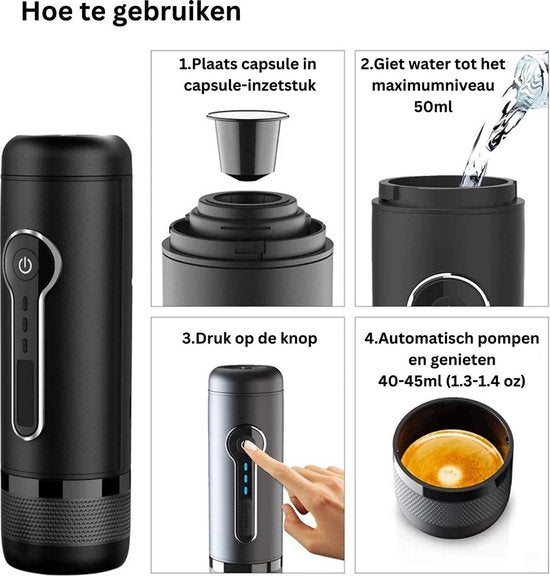 Happyment Compacte Draagbare Koffie Machine Draadloos - Hoge Kwaliteit Espresso Machine Oplaadbaar - Mini Koffie Zet Apparaat - Portable Coffee Maker - Koffie Cubs - Filterkoffie
