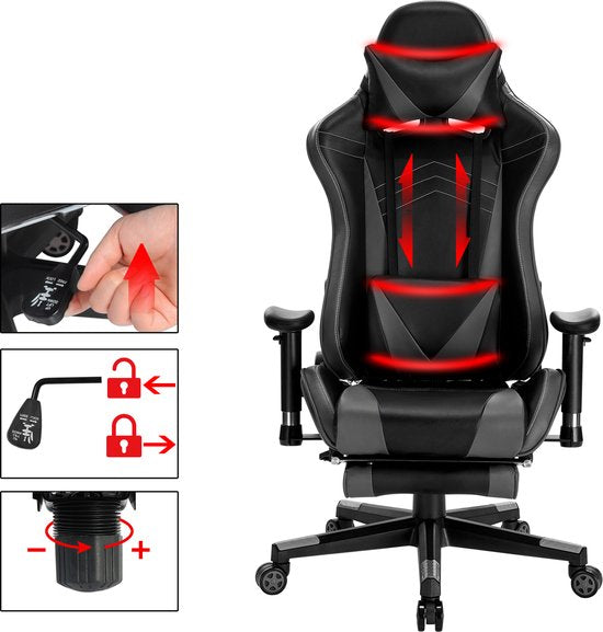 Luxe Gaming stoel - Grijs - Met voetsteun - Gamestoel - Verstelbaar in hoogte - Chair - Ergonomische bureaustoel - Chair - Kunstleer