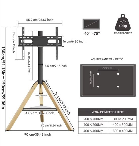 TV standaard 40-75 inch - Uniek design - Vloerstandaard beugel - Staand - Max 40KG - In hoogte verstelbaar