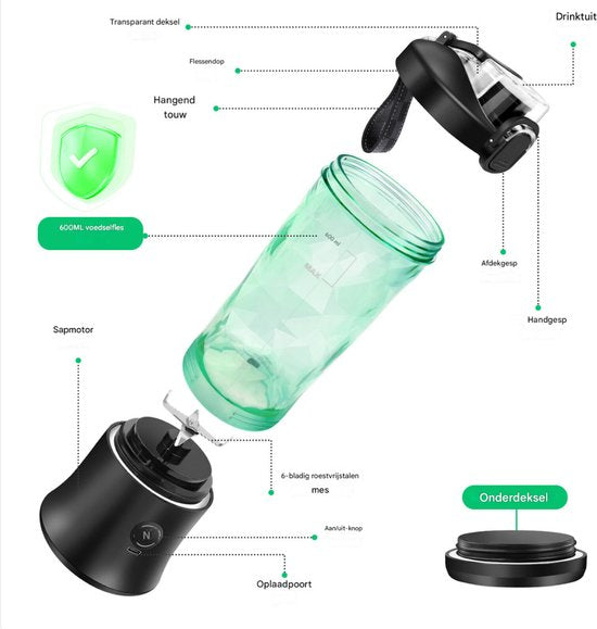 Draagbare Miniblender Zyren - USB Oplaadbare Smoothiemixer - 600 ml - Reisblender met Grote Capaciteit - Blend IJs en Smoothies