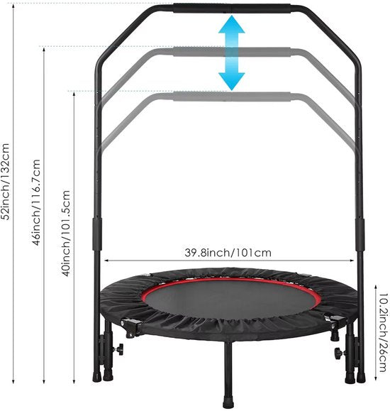 Opvouwbare Mini Fitness Trampoline - Mini trampoline - Sport trampoline - Voor Indoor Workout & Oefening - Met Verstelbare Handgreep & Rebounder Functie - 101 cm, Max 150 kg Belastbaar - Zwart & Rood