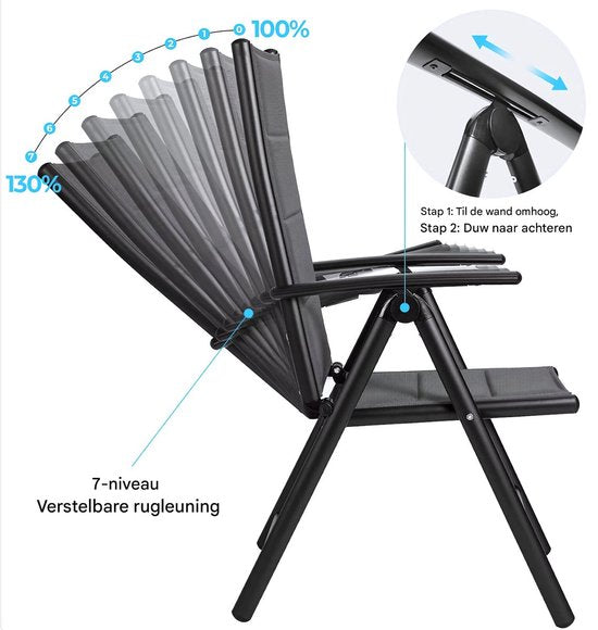 Tuinstoelen set Valora van 2 - Inklapbaar - Lounge stoel - Rugleuning met 7 verstelbare instellingen, met armleuningen, weerbestendige buitenstoel aluminium structuur - Donkergrijs