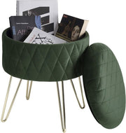 Happyment Poef deluxe - Met opbergruimte - Groen - Voetenbank met opbergruimte - Opbergbox hocker - Zitkist met deskel - Rond - Velvet - 31.5x31.5x36cm