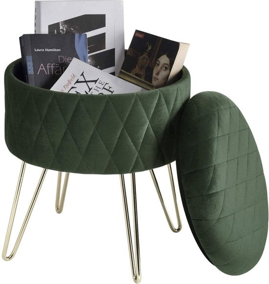 Happyment Poef deluxe - Met opbergruimte - Groen - Voetenbank met opbergruimte - Opbergbox hocker - Zitkist met deskel - Rond - Velvet - 31.5x31.5x36cm