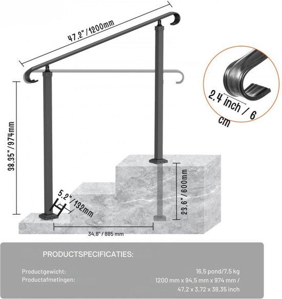 Trapleuning deluxe - Anti slip - Balustrade - Binnen en buiten - Houders - Leuningen voor Trappen - Staal - Met trapleuninghouders - 120cm