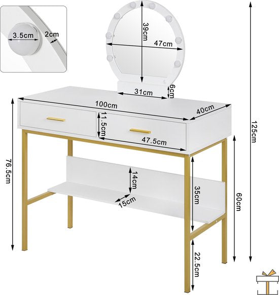 Happyment Kaptafel Deluxe - met hangende spiegel - Kinderen & volwassenen - Make up tafel voor meisjes - Black friday - Kerstcadeau
