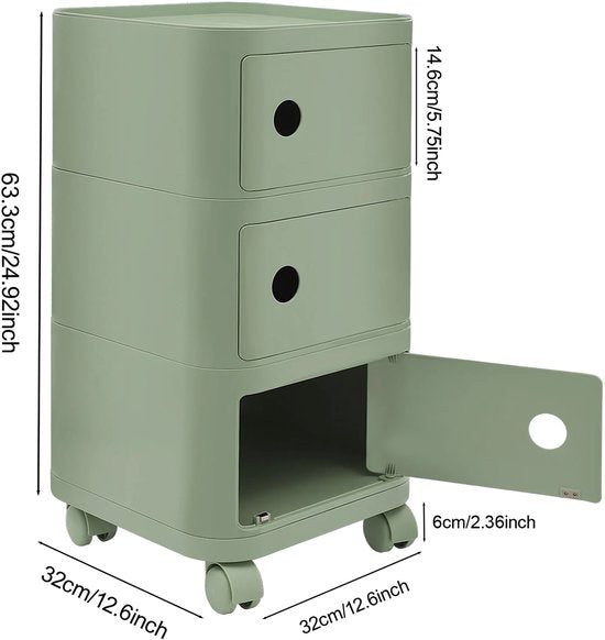 Nachtkastje - Bijzettafel - met Wielen - 32 cm - met Verborgen Opbergruimte - Moderne Opbergtafel voor Slaapkamer & Woonkamer - 3-laags - Groen