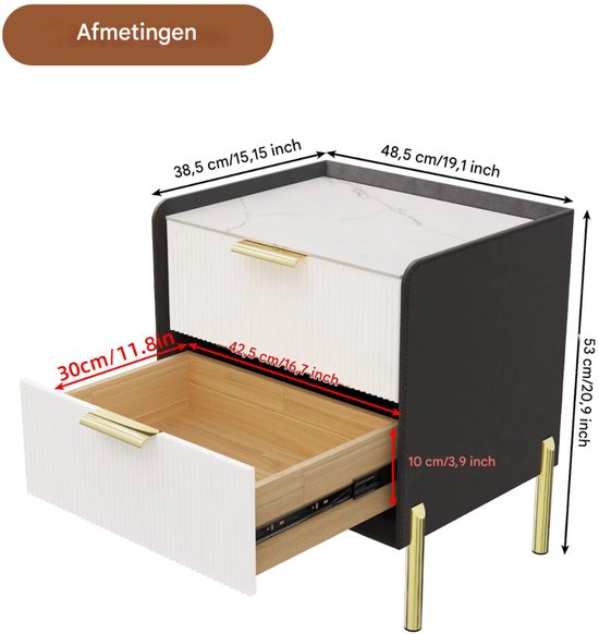Nachtkastje Luxora - Met 2 Laden - Gouden Metalen Poot en Marmeren Tafelblad - Bijzettafel voor Sofa of Einde Tafel