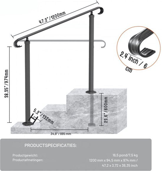 Trapleuning deluxe - Balustrade - Houders - Leuningen voor Trappen - Staal - Met trapleuninghouders - 212CM