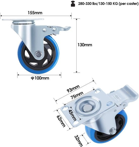 Zwenkwielen met rem - Set van 4 - 100mm- Transportrollen - Zware wielen - 150KG Draagvermogen