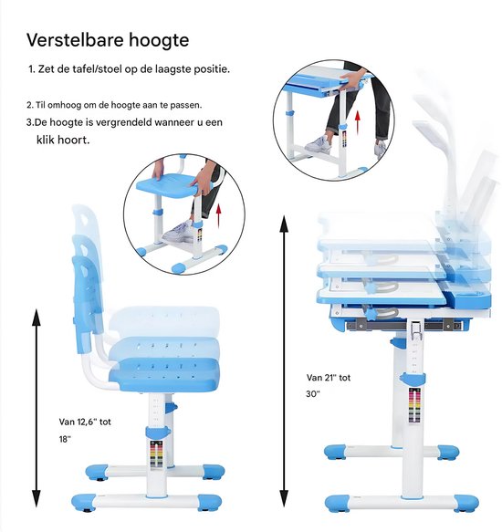 Kinderbureau met stoellade en leesstandaard - Voor kinderen, studietafel en stoel - Geschikt voor 3-10 jaar - Blauw - 66,5 x 50 x 54–76,5 cm