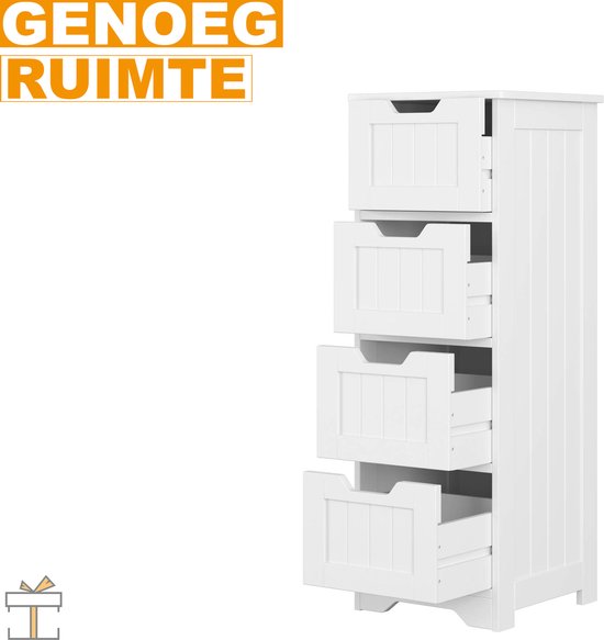 Happyment® Kolomkast badkamer staand - Badkamermeubel - Badkamerkast hoog - Wit - 4 lades - Black friday - Sinterklaas - Kerstcadeau