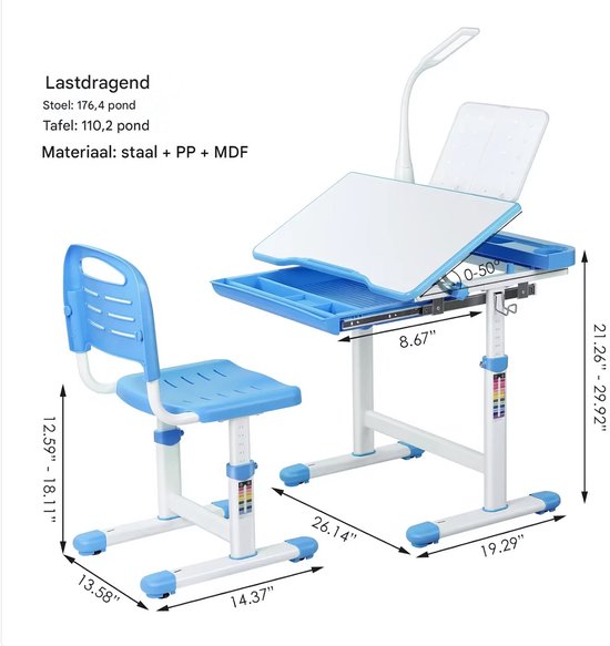 Kinderbureau set met in hoogte verstelbare student bureaustoel - Uittrekbare lade voor kinderen, geschikt voor 3-10 jaar studie - Blauw - 66,5 x 50 x 54–76,5 cm