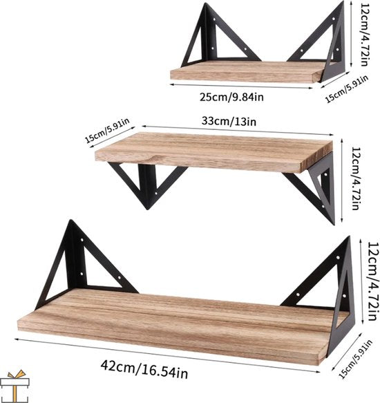 Happyment Wandplank zwevend set van 3 - Wandplanken tegen muur - Boekenplank - Bruin - Hout