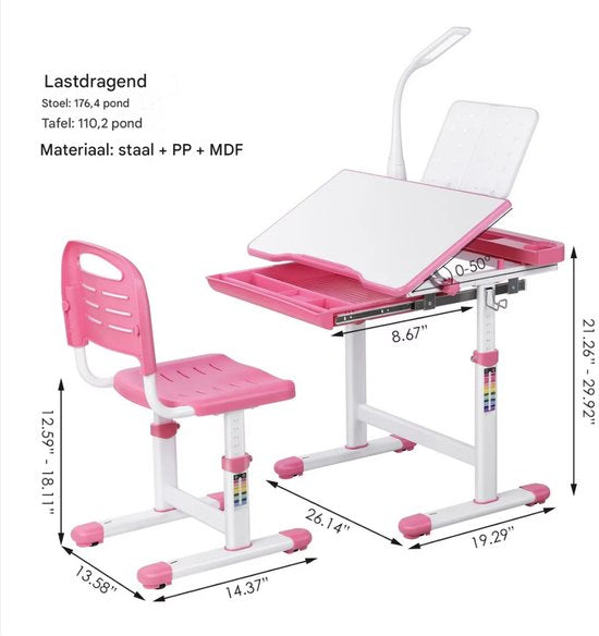 Kinderbureau set met in hoogte verstelbare bureaustoel - Uittrekbare lade voor kinderen, geschikt voor 3-10 jaar studie - Roze - 66,5 x 50 x 54–76,5 cm