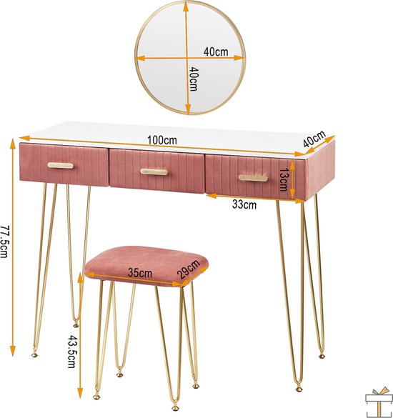 Happyment Kaptafel Deluxe - Inclusief spiegel en krukje - Roze - Kinderen & volwassenen - Make up tafel voor meisjes - Black friday - Kerstcadeau