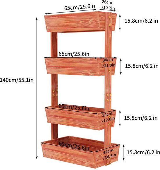 Tuinbed Tavien voor binnen en buiten - 4 lagen - Houten moestuin - Plantenbak - Tuibak voor bloemen - Tuinieren - 140x65cm