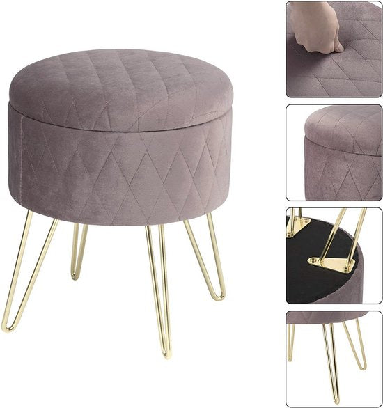 Happyment Poef deluxe - Voetenbank met opbergruimte - Roze - Opbergbox hocker - Zitkist met deskel - Velvet - 31.5x31.5x36cm