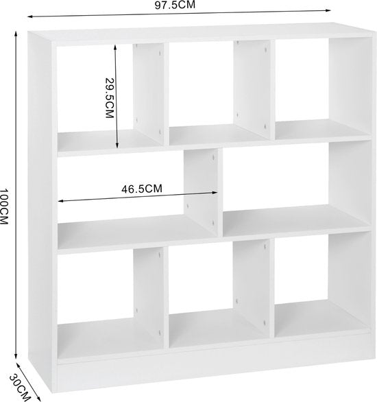 Happyment Open Boekenkast Malda - 8 Vakken - Wit - Boekenkast - Boekenrek - Woonkamer, slaapkamer en kinderkamer - Hout - 97.5 x 30 x 100 cm